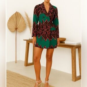 Ofuure V-Neck Long Sleeve Blazer Mini Dress in Multicolored Print